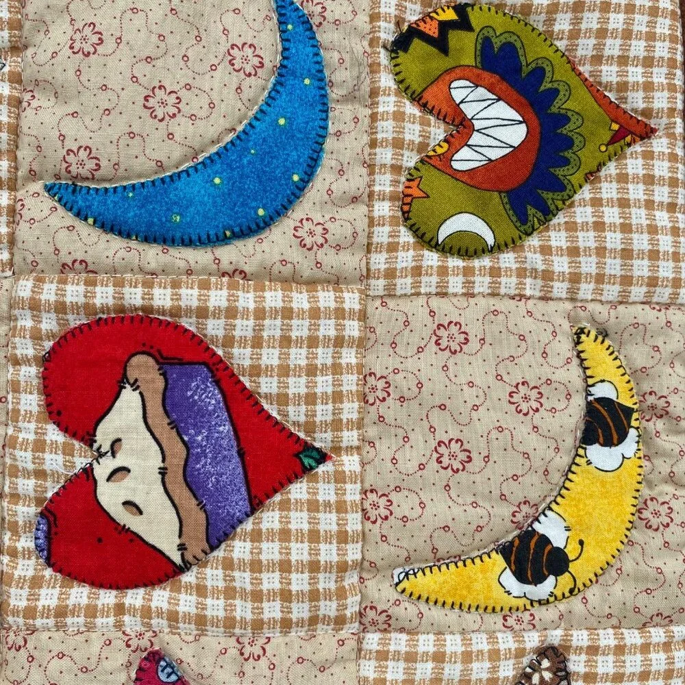 Handmade Patchwork Quilt Blanket Applique Moon Star Heart Multicolor Stripes Vtg